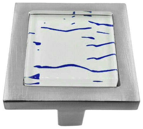 Hand Painted Abstract Blue Lines Crystal Glass Brushed Nickel Square Manor Knob