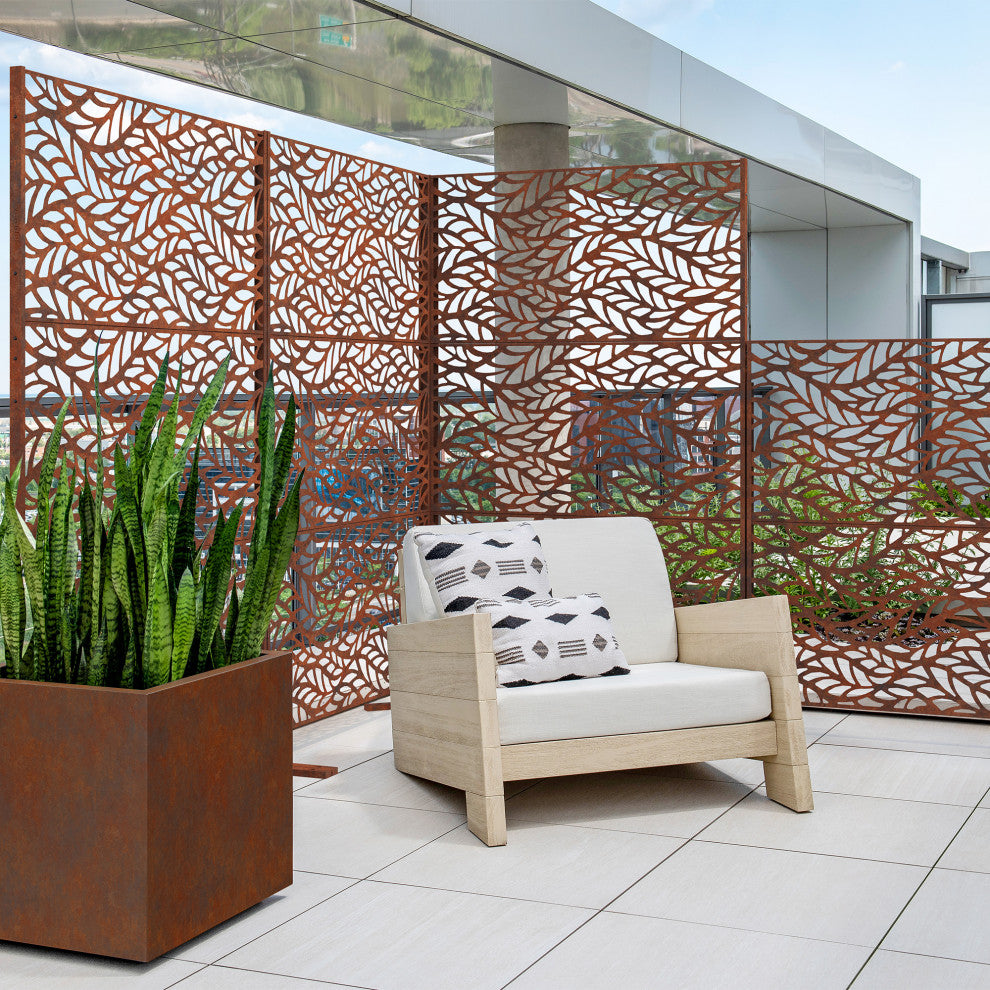 Alta Corten Steel Decorative Screen With Stand, Flowleaf