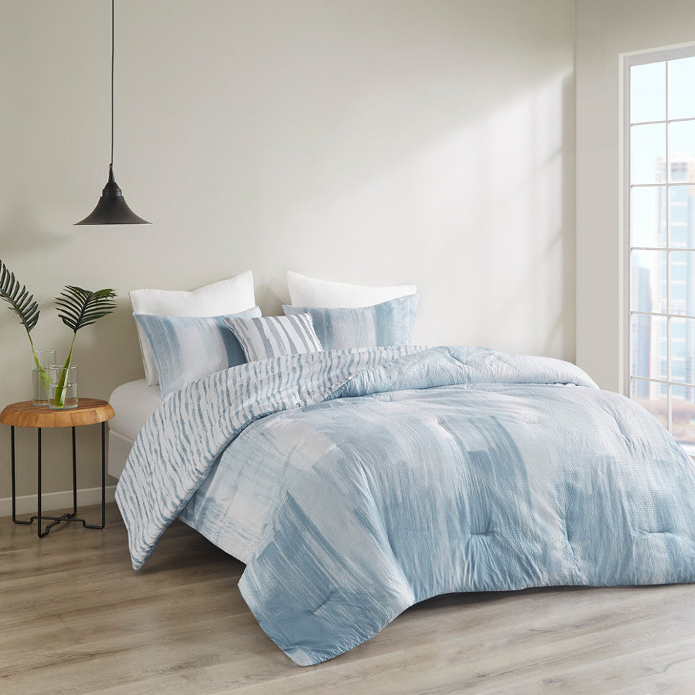 N Natori Reversible Brush Stroke, Blue, King, 4pc Comforter Set