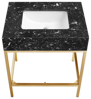 Marmo Bathroom Vanity, Black, 30" Wide, Brushed Brass Finish