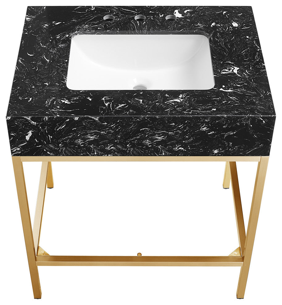 Marmo Bathroom Vanity, Black, 30" Wide, Brushed Brass Finish
