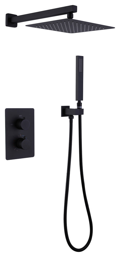 Thermostatic Rain Shower System with Hand Shower and Rough-in Valve, Matte Black