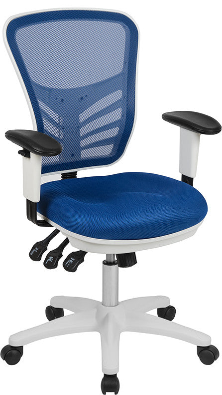 Mid-Back Mesh Swivel Task Chair with Triple Paddle Control, Blue Mesh/White Fram