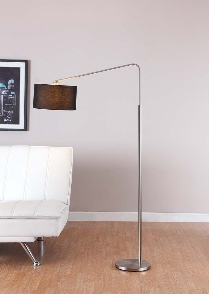 64" Medium Arch Brushed Steel Telescope Reach Floor Lamp, Black Shade