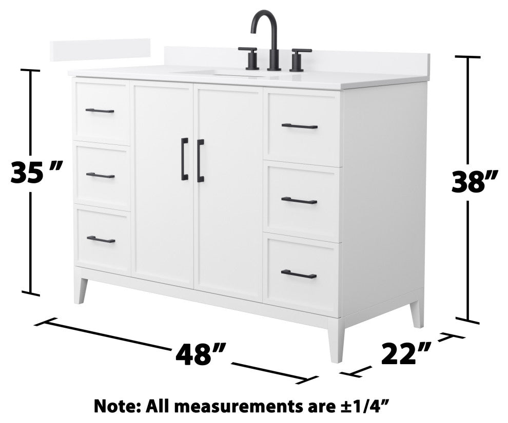 Elan 48" Single Vanity, White, White Quartz Top, 3-Hole, Black Trim