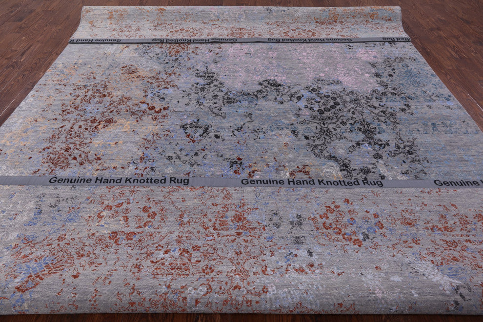 9' 1" X 12' 6" Modern Hand Knotted Wool and Silk Rug Q7074