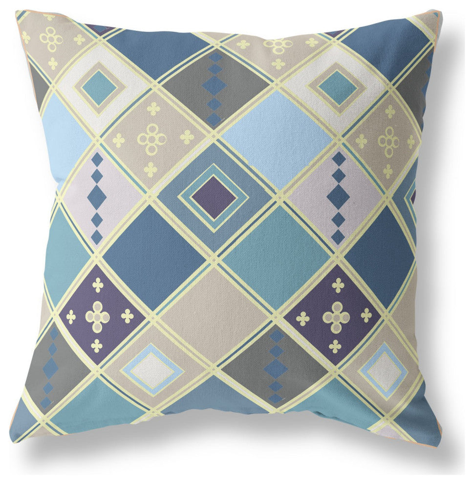 20" Blue Gold Tile Indoor Outdoor Zippered Throw Pillow