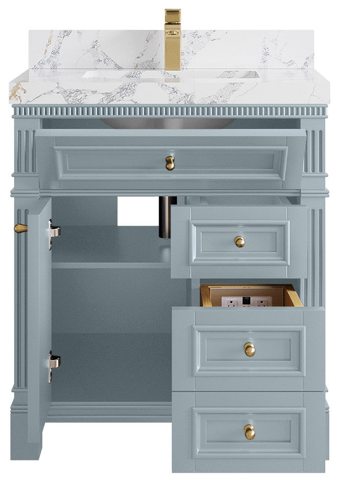 Paris 30" Single Sink Bathroom Vanity, Blue Heather 2" Calacatta Poannazo