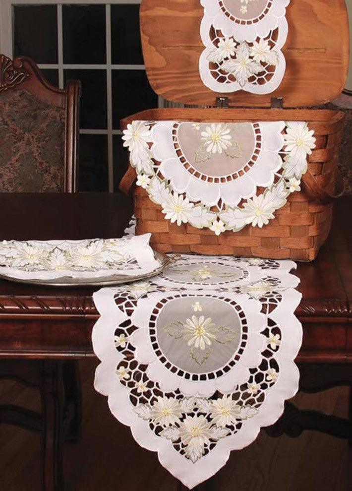 Elegant Daisy Embroidered Cutwork 16"x34" Table Runner