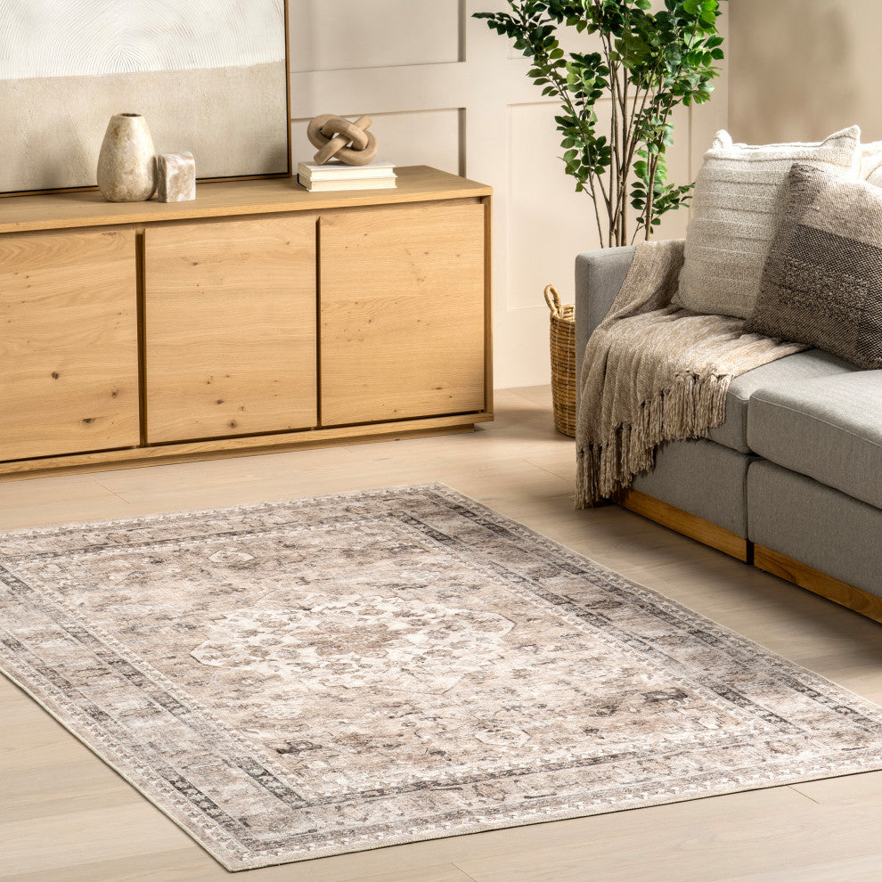 Nuloom Davi Faded Stain-Resistant Machine Washable Area Rug, Stone 4'x6'
