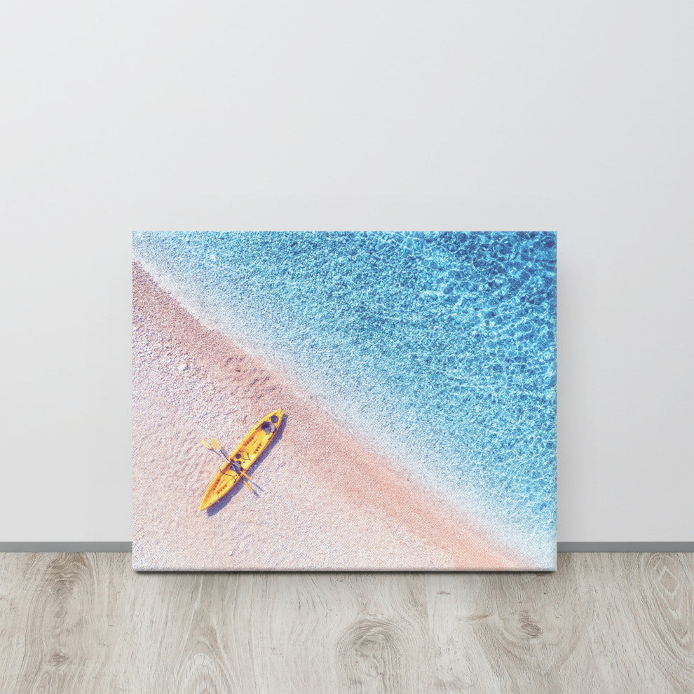 Yellow Canoe and Blue Sea by with Violet Glow Landscape Photo Canvas Art Print, 16" X 20"