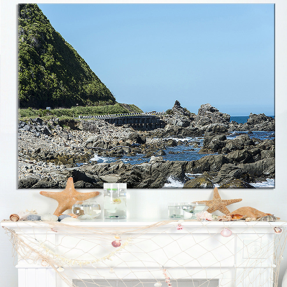 "Beautiful New Zealand Rocky Beach" Modern Seascape Wall Art, 40"x20"
