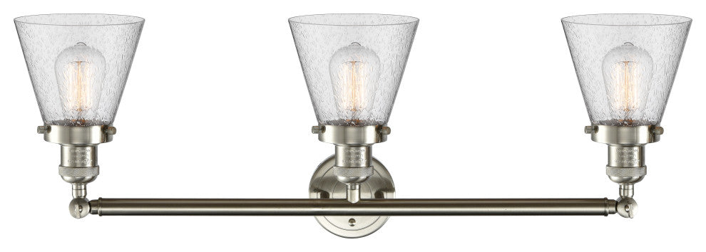 Small Cone 3-Light Bath Fixture, Seedy Glass, Satin Brush Nickel