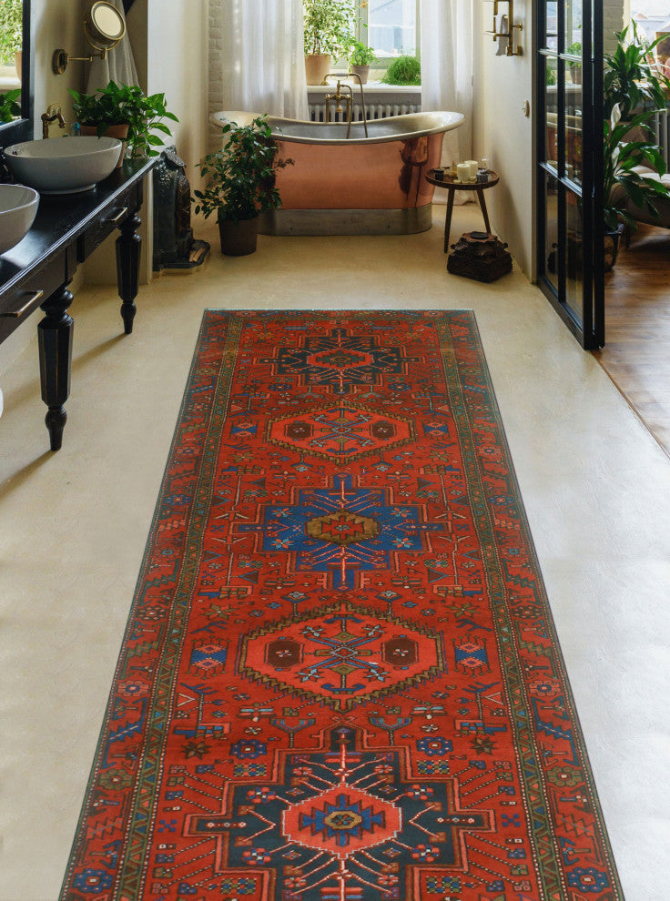 Fine Vintage Distressed Adalbeor Burgundy/Blue Runner, 3'5x10'10