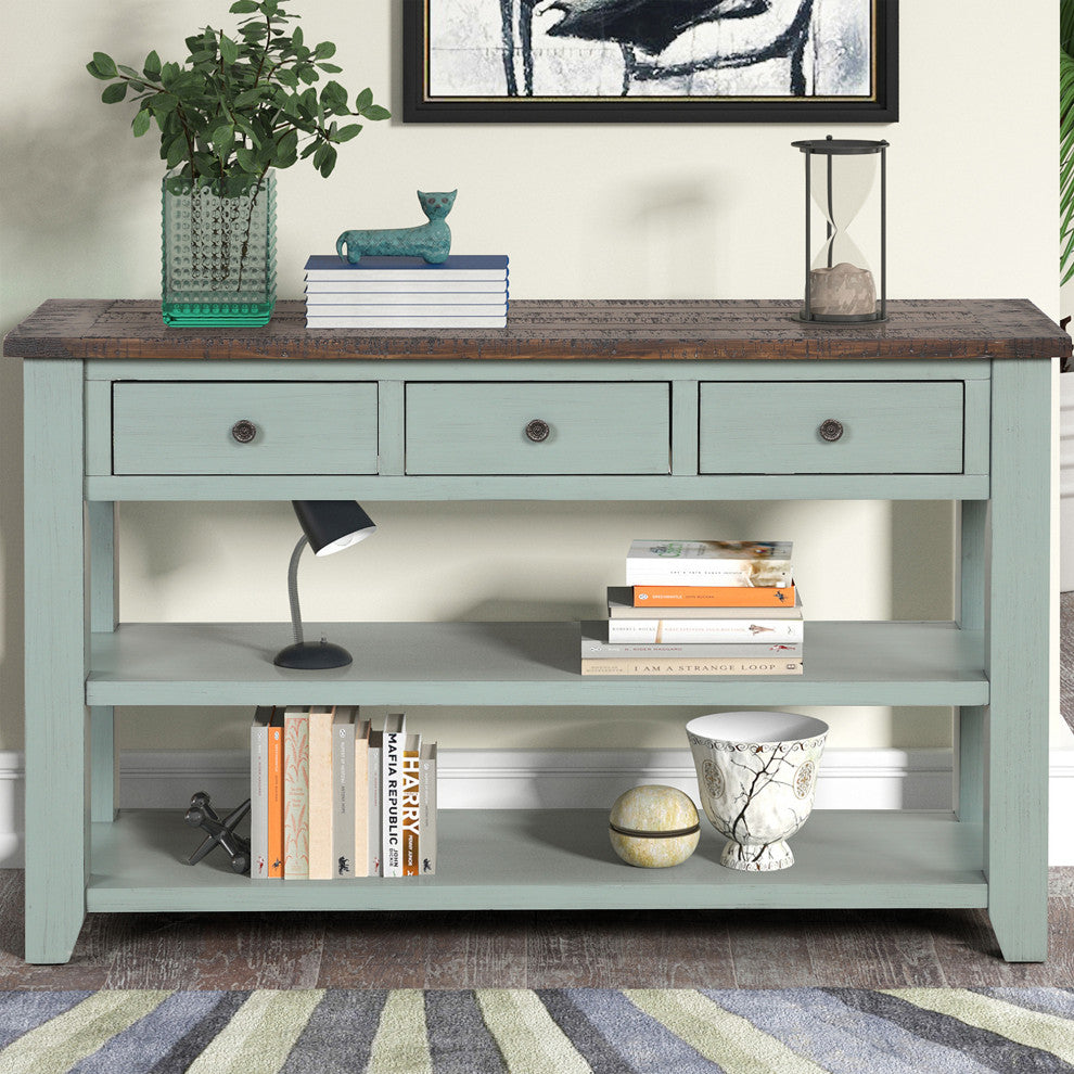 TATEUS 48" Solid Pine Wood Console Table with Storage Drawers, Green