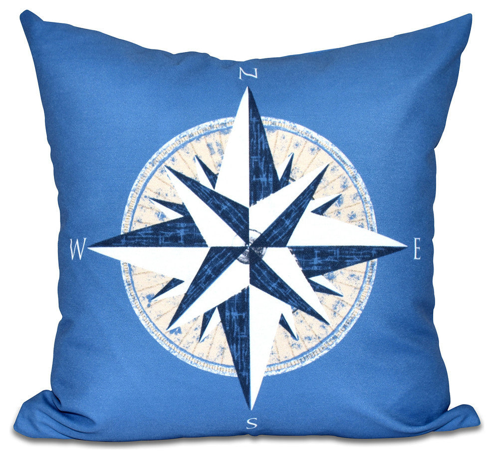 Compass, Geometric Print Outdoor Pillow, Blue, 18"x18"