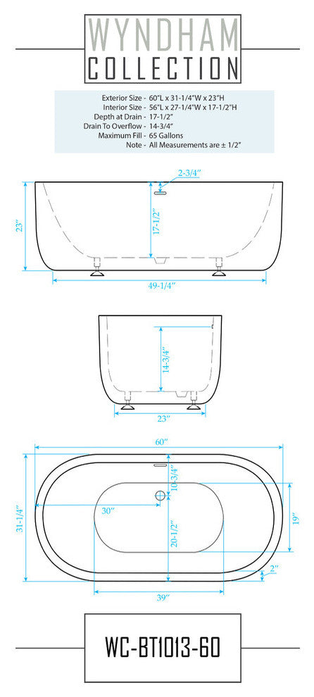 60" Freestanding Bathtub, White
