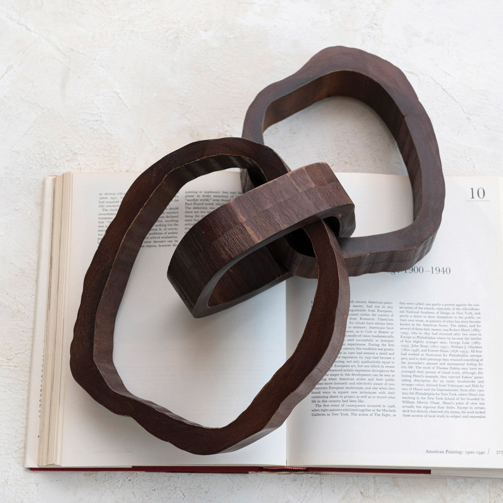 22 Inches Oversized Acacia Wood Chain Decor With 3 Links, Walnut Finish