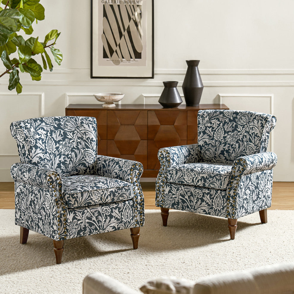 Wooden Upholstered Armchair, Navy