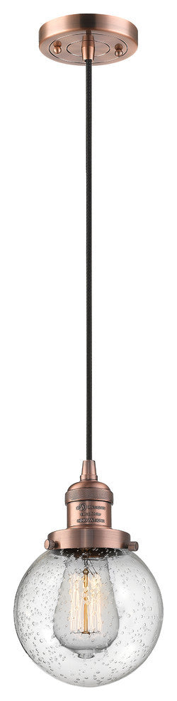 1-Light Beacon 6" Mini Pendant, Antique Copper, Glass: Seedy
