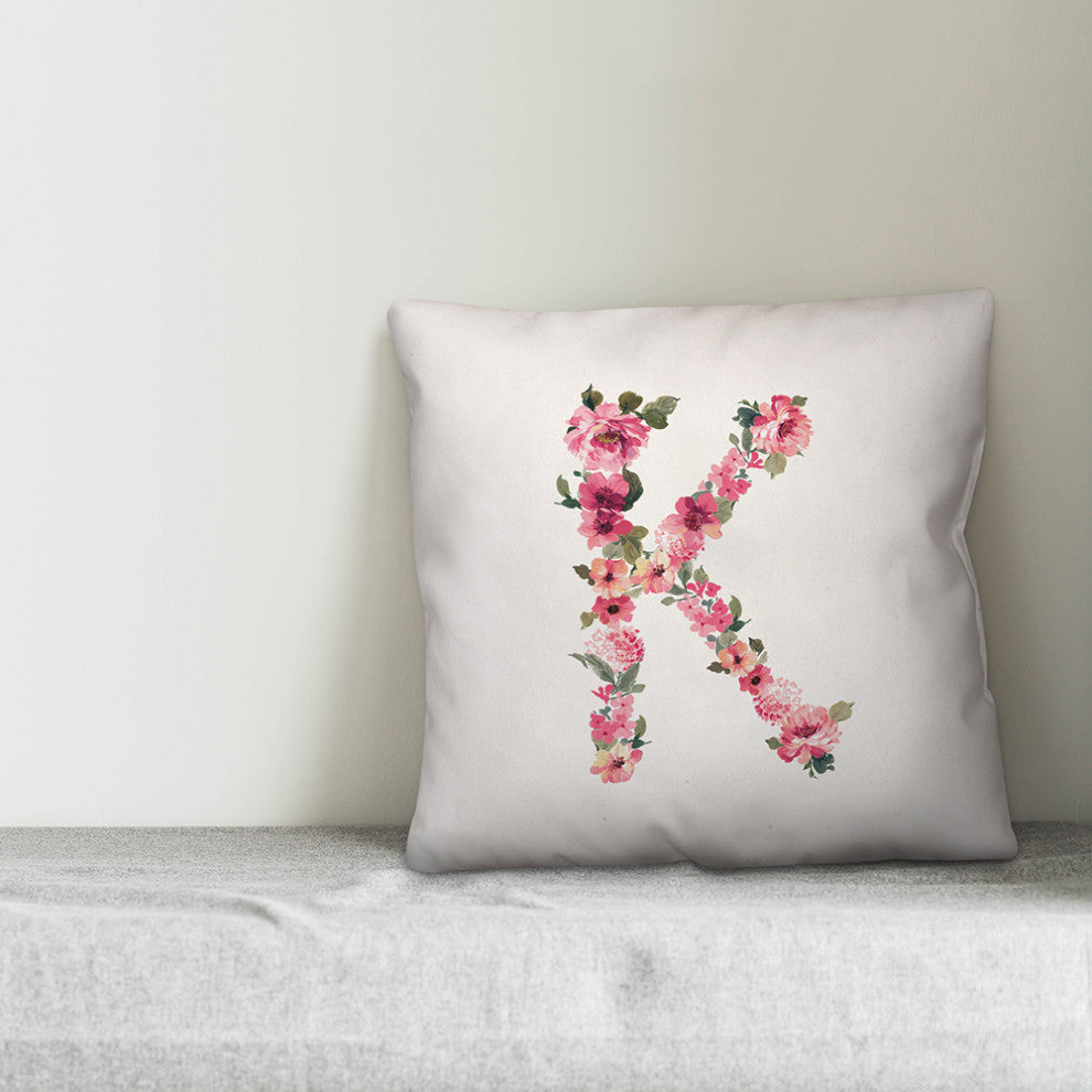 Floral Pattern Monogram K 18x18 Indoor/Outdoor Pillow