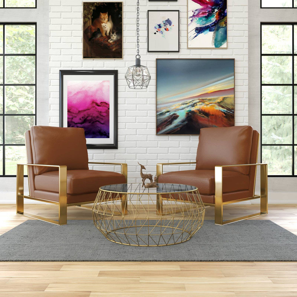 LeisureMod Jefferson 3-Piece Set With 2 Arm Chairs and Coffee Table, Cognac Tan