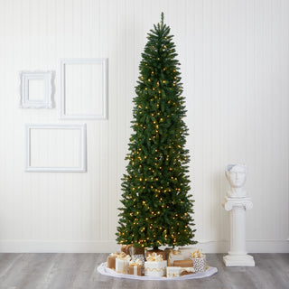 9' Slim Green Mountain Pine Artificial Christmas Tree With 600 Clear LED Lights