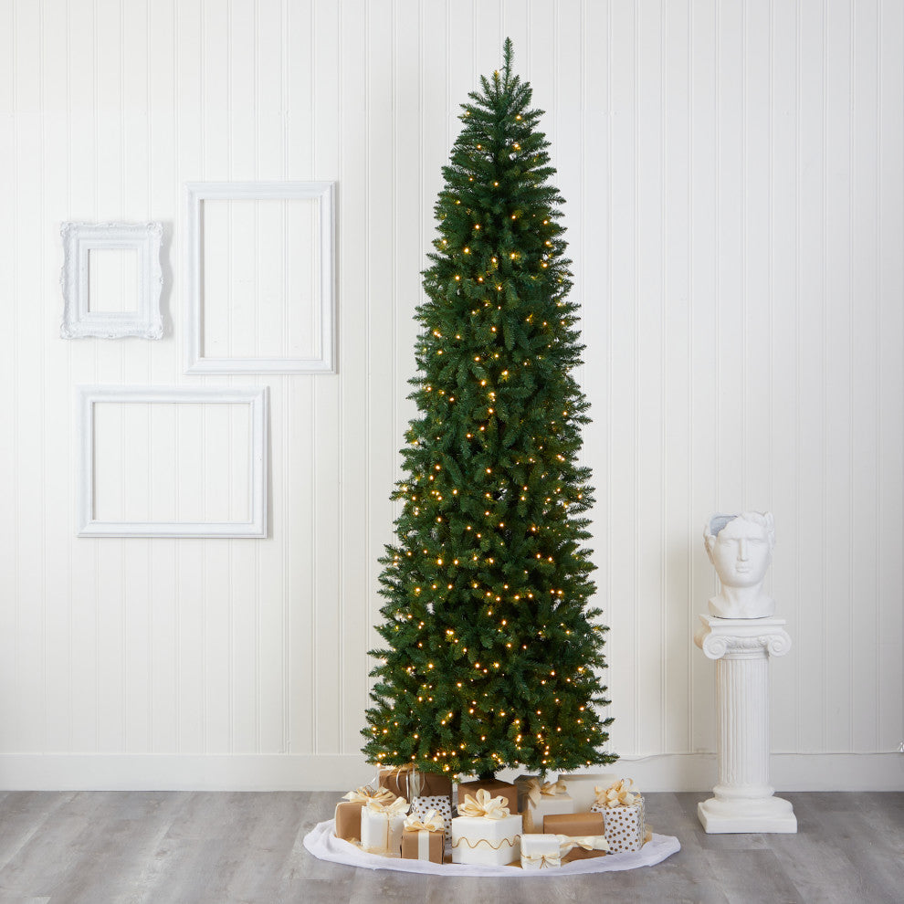 9' Slim Green Mountain Pine Artificial Christmas Tree With 600 Clear LED Lights