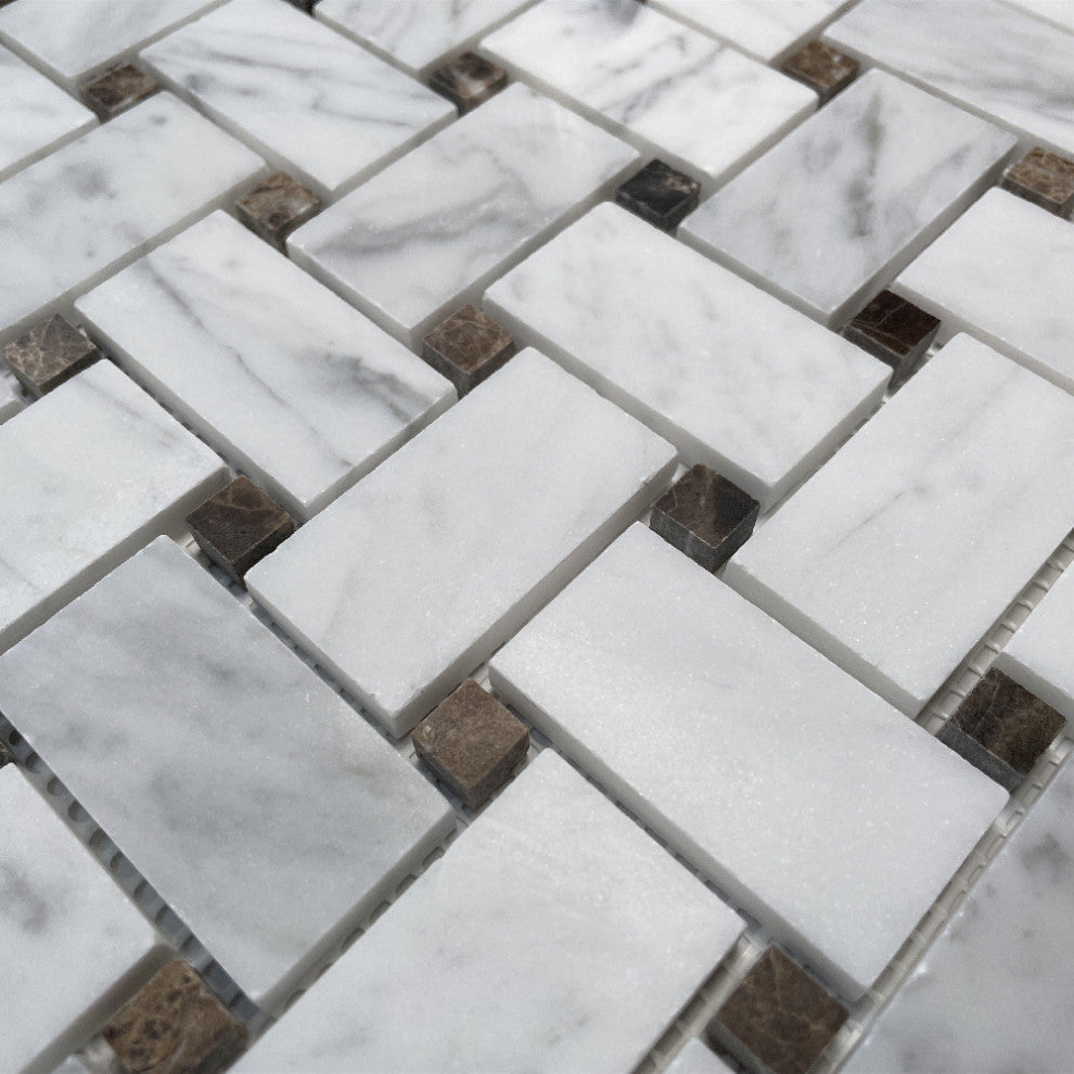 Carrara Venato Marble 1x2 Basketweave Mosaic Tile Brown Dots Honed, 1 sheet