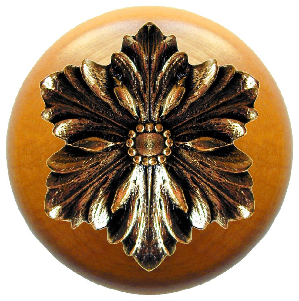 Opulent Flower Wood Knob, Antique Brass, Maple Wood Finish, Brite Brass
