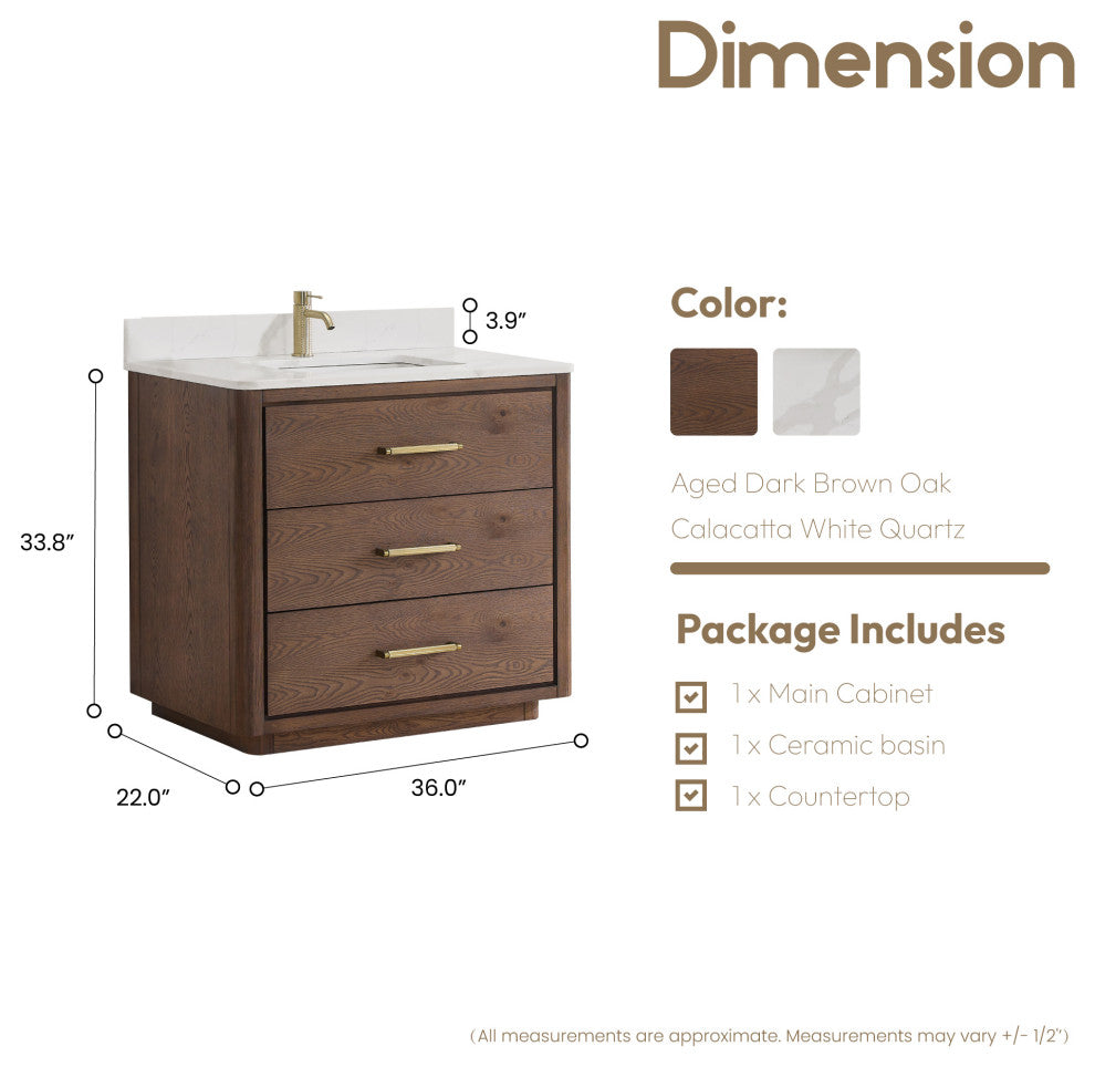 Porto Bath Vanity with White Quartz Stone Top, Dark Brown Oak, 36 in., No Mirror