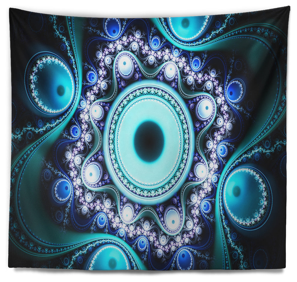 Turquoise Fractal Pattern with Circles Abstract Wall Tapestry, 39"x32"