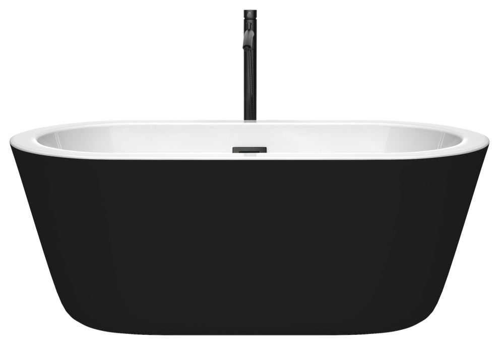 60"Freestanding Tub Black, WH Interior, Floor Mounted Faucet, Drain, Trim Black