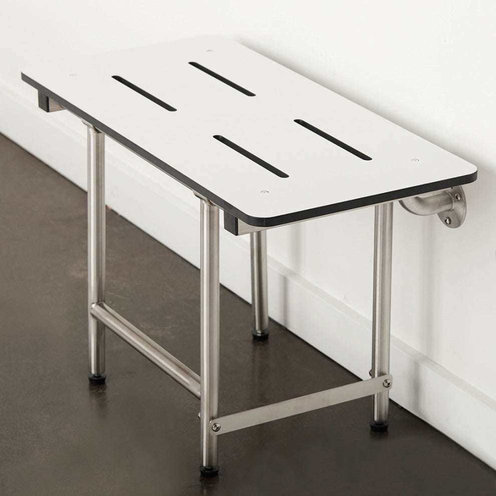 Folding Wall Mount Bench Shower Seat with Legs, White, 22-Inch