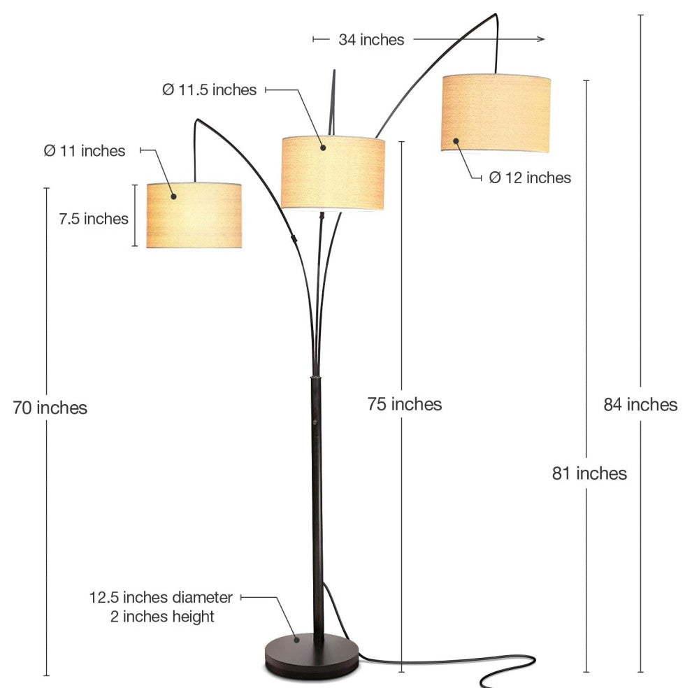 Brightech Trilage Arc Floor Lamp w/Marble Base - 3 Lights Hanging Over the Couch
