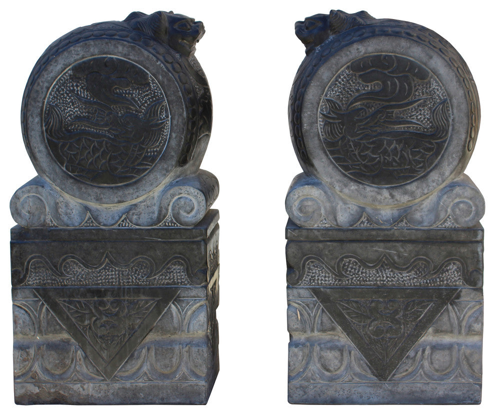 Chinese Pair Gray Black Stone Fengshui Foo Dogs Door Block Drum Statue Hcs4769