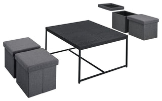 5-Piece Coffee Table Set With 4 Storage Stools, Black