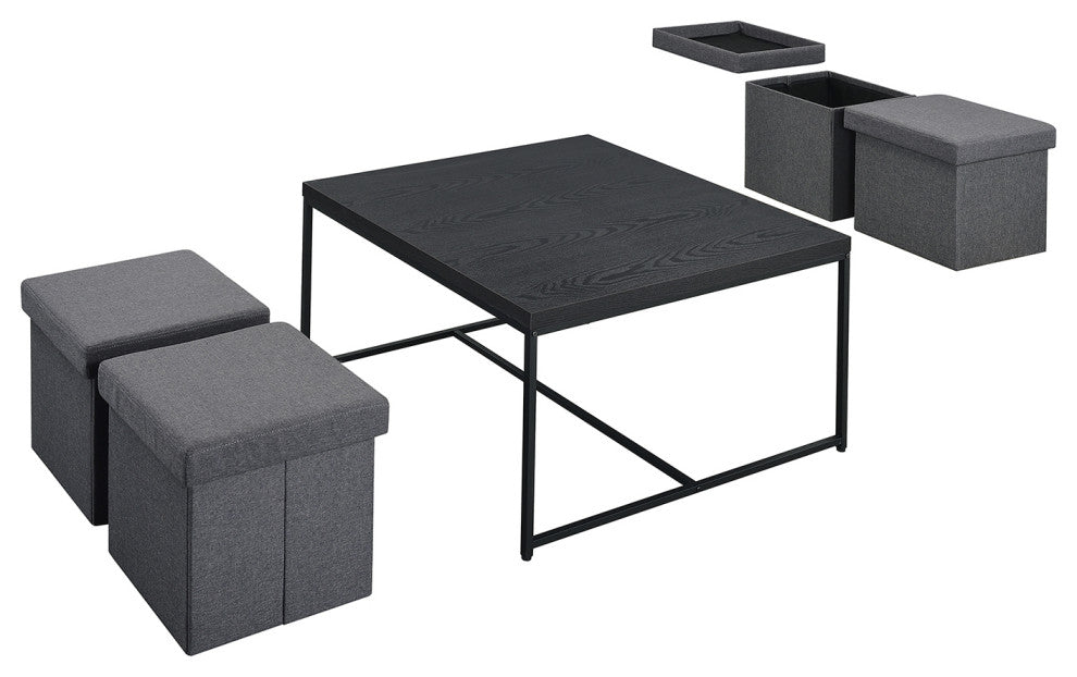 5-Piece Coffee Table Set With 4 Storage Stools, Black