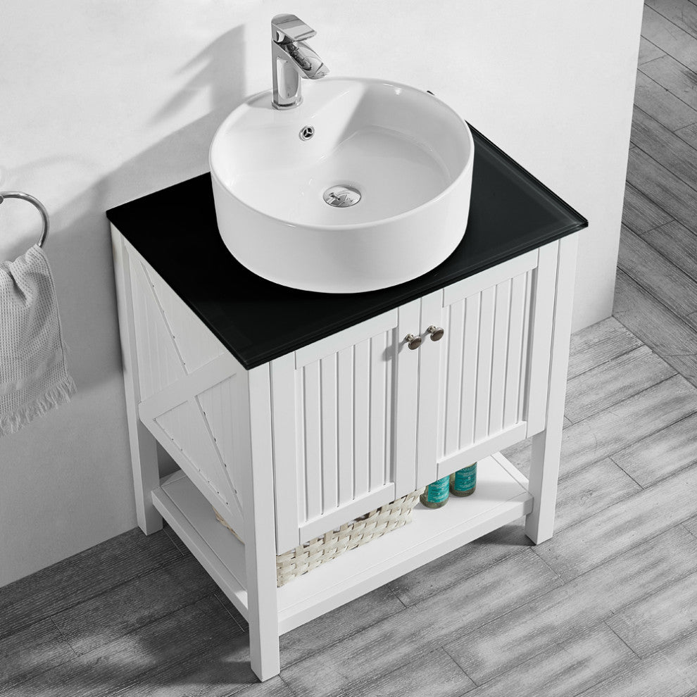 28"? Vanity in White with Glass Countertop with White Vessel Sink Without Mirror