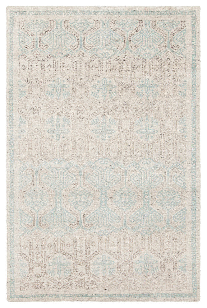 Isla Hand Knotted Wool Rectangle Area Rug, 7'3/4" x 10'1/2", White/Blue/Gray