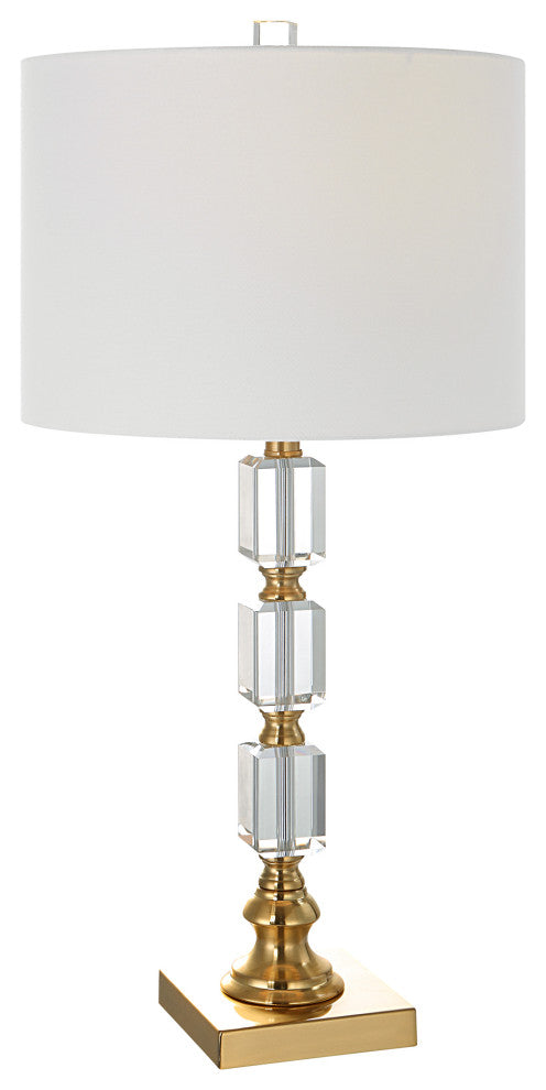 Benzara BM277033 29" Metal Table Lamp, Stacked Crystals, Antique Brass, White