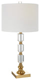 Benzara BM277033 29" Metal Table Lamp, Stacked Crystals, Antique Brass, White