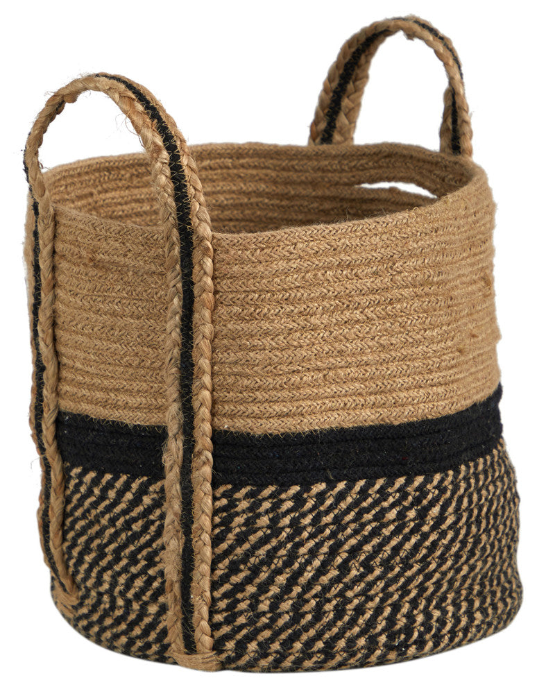 13" Boho Chic Basket Natural Jute Basket Planter, Black & Natural W/ Handles