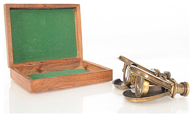 Brass Folding Pocket Binocular In Wood Storage Box