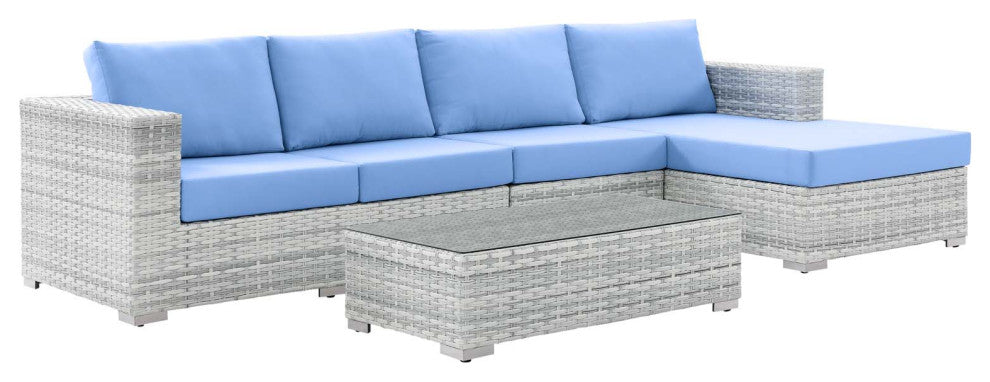 Lounge Sectional Sofa Chair Set, Rattan, Wicker, Gray Blue, Modern, Outdoor