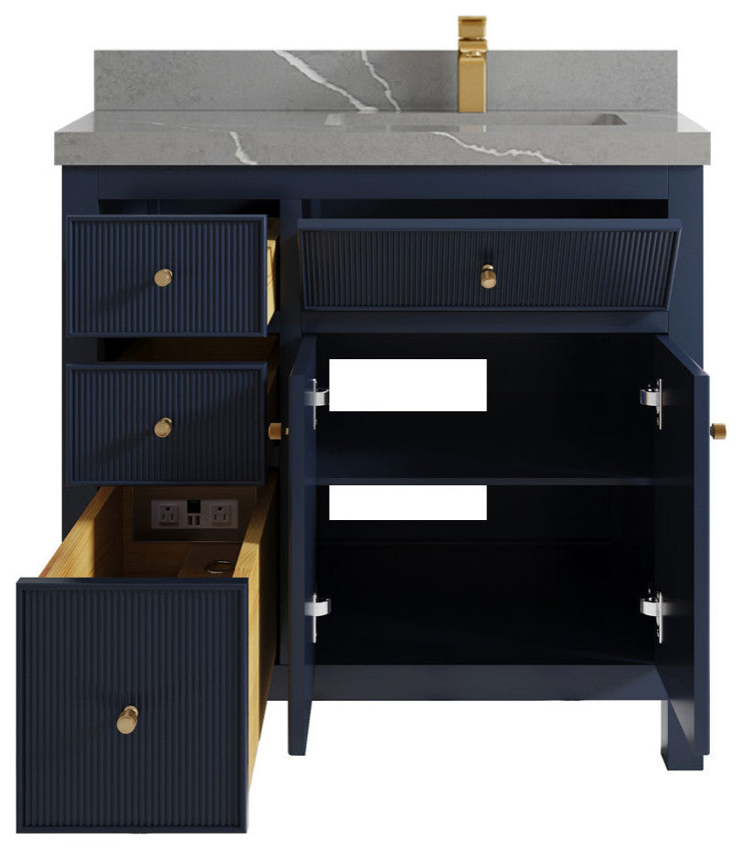 Sonoma 36 Right Offset Reeded Bath Vanity in Hale Navy Blue 2" Piatra Gray