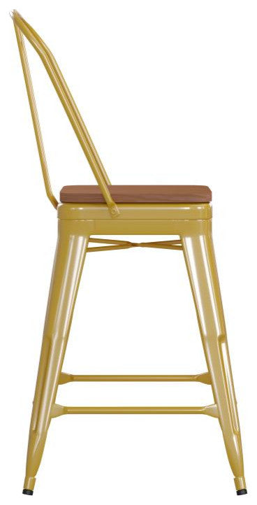 Kai Commercial Grade 24" Metal Indoor-Outdoor Counter Stool w/Removable Seat, Yellow/Teak