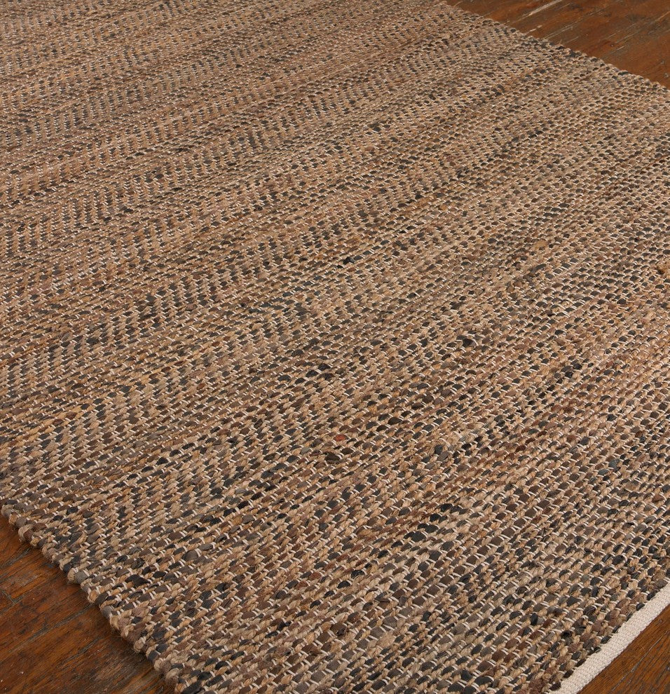 Hand Loomed Recycled Leather and Hemp Area Rug 5x8 Dark Brown Leather Hemp