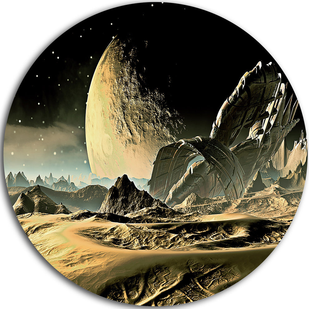 Crashed Spaceship, Contemporary Disc Metal Artwork, 23"