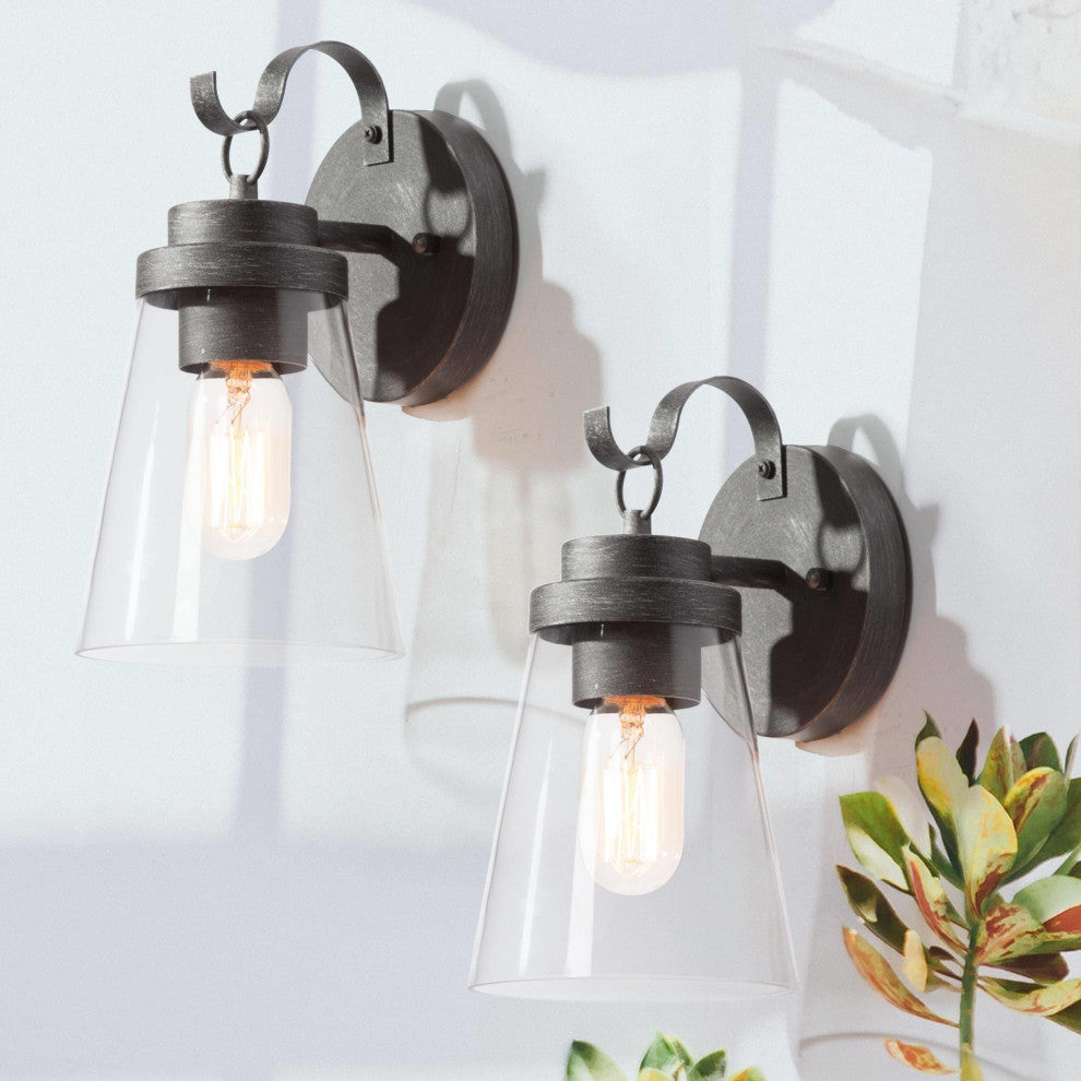 1-Light Modern Clear Glass Outdoor Wall Lamp, Set of 2, Brushed Black, 11"